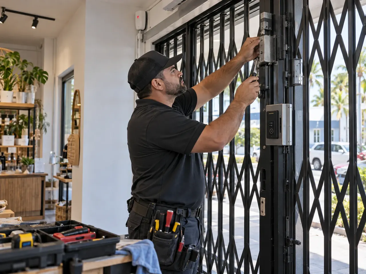 Commercial locksmith servicing a folding security gate